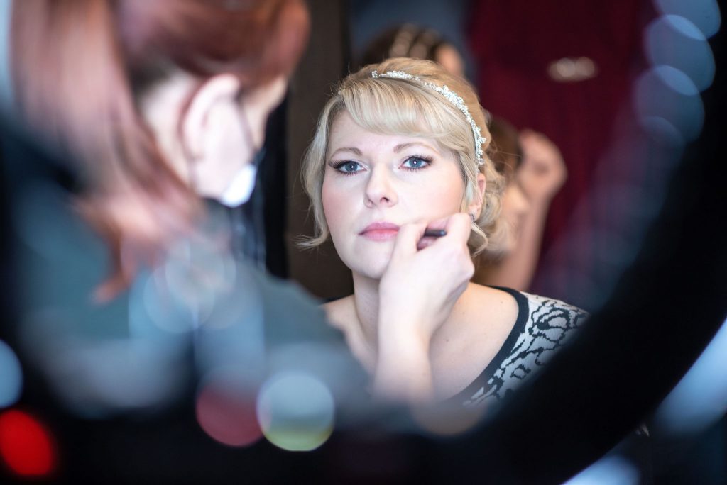 bridal make up being applied at a wedding in Cannock, Staffordshire by Michael Pardoe