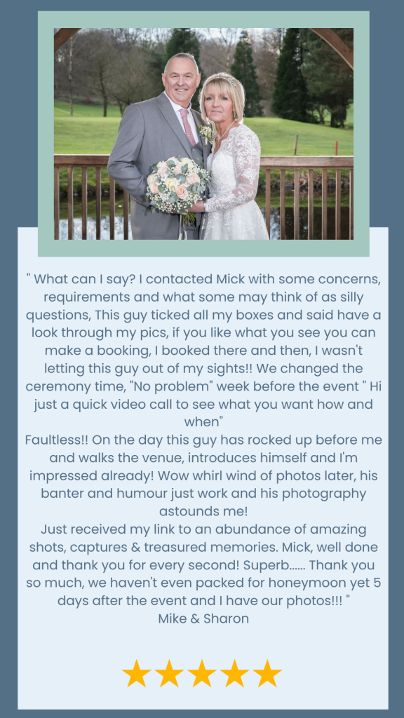 five star google review from Mike and Sharon for Photography by Michael Pardoe regarding their wedding photography